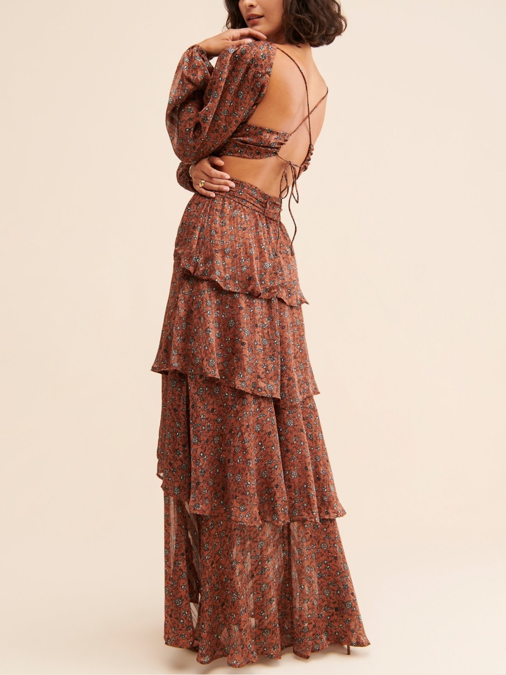 Astr Tiered Brown Floral Maxi Dress with Side Slit - Picture 2 of 5